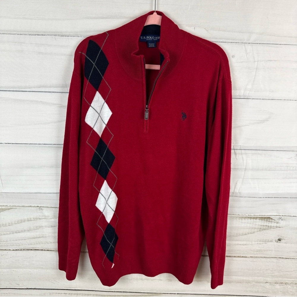 U.S. Polo Assn. Men's Red Zip-Up Sweater with Argyle Pattern